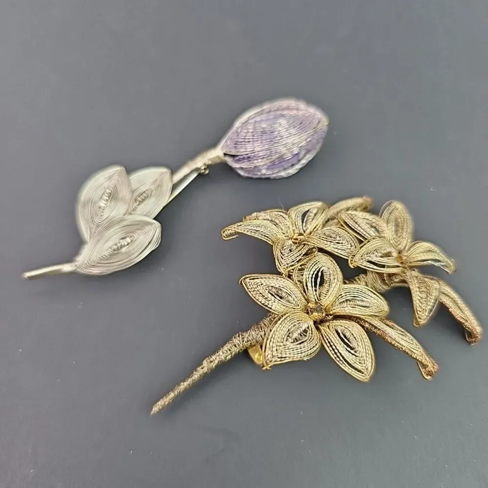 Vintage Wire Work Filigree Floral Brooches Two Different Styles Silver Gold Tone